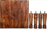 Handcrafted mango wood altar table with a carved Pentacle, perfect for rituals, tarot readings, and spiritual practices.