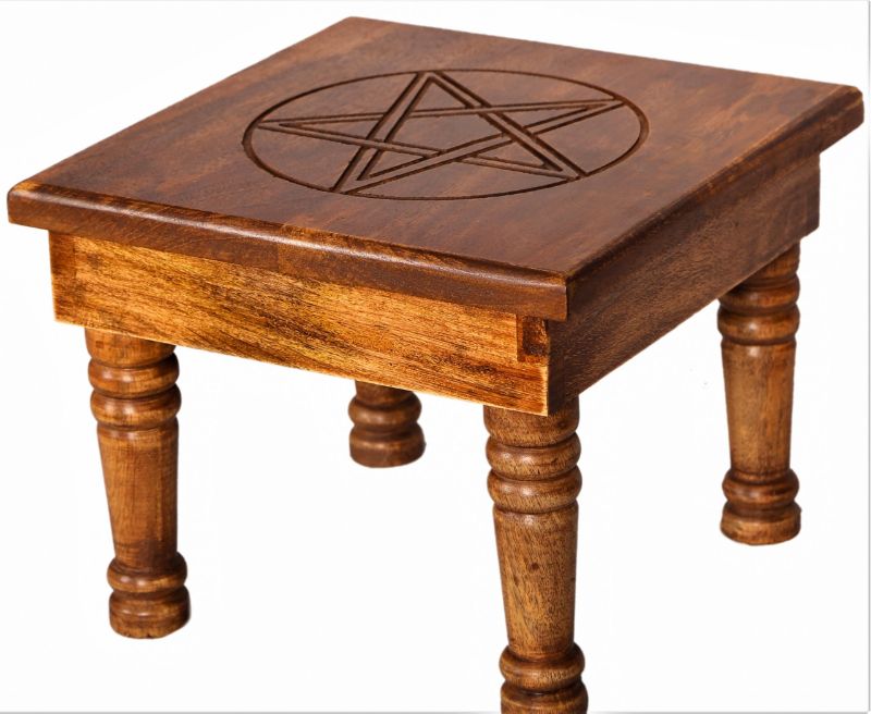 Handcrafted Altar Table in mango wood with a carved Pentacle, perfect for rituals, meditation, and spiritual practices.