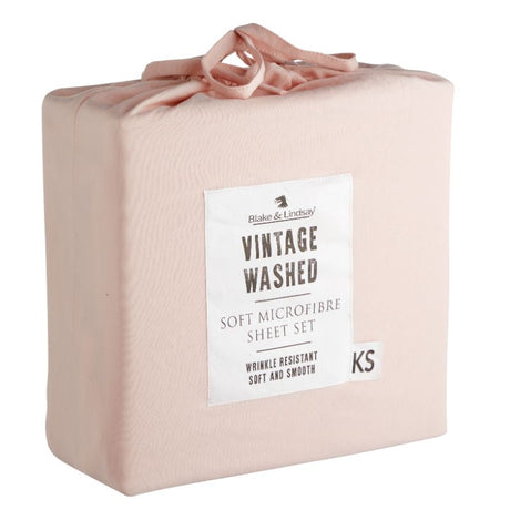 King Single Sheet Set in blush washed microfibre, featuring deep fitted sheets and matching pillowcases, neatly packaged.