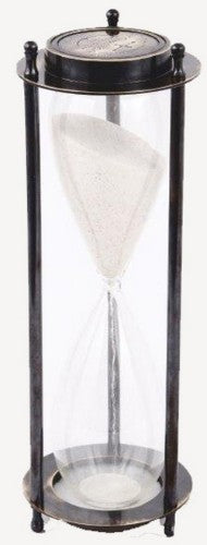 Elegant 30cm brass sandtimer with glass accents, adding timeless charm and functionality to any office or home decor.