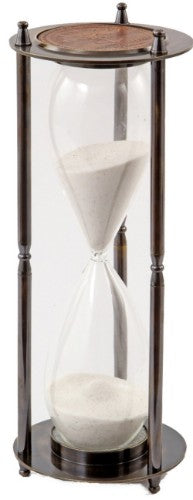 Brass sandtimer by Rembrandt, 27cm tall, featuring clear glass, fine sand, and a decorative design for home or office elegance.