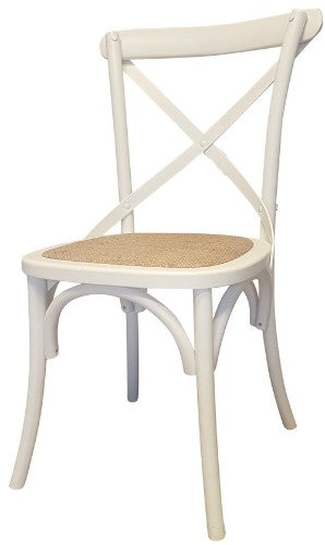 Antique white cross back dining chair by Rembrandt, 89cm tall, featuring woven seat and sturdy antique oak construction.