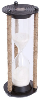 Vintage-style brass sand timer with natural rope, 30cm tall, elegantly blends decor and functionality for any space.