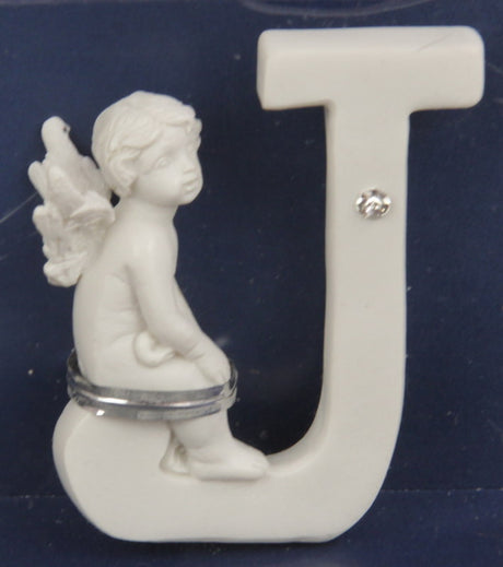 Decorative letter 'J' Cherub, 7cm tall, featuring whimsical elegance for personalizing spaces in home décor.