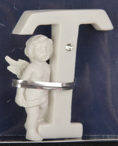 Whimsical Letter Cherub - T, 7cm tall, perfect for personalized home decor, ideal for nurseries and special occasions.