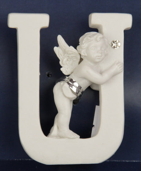 Charming 7cm tall Letter Cherub - U for personalized nursery decor, crafted from durable materials with whimsical appeal.