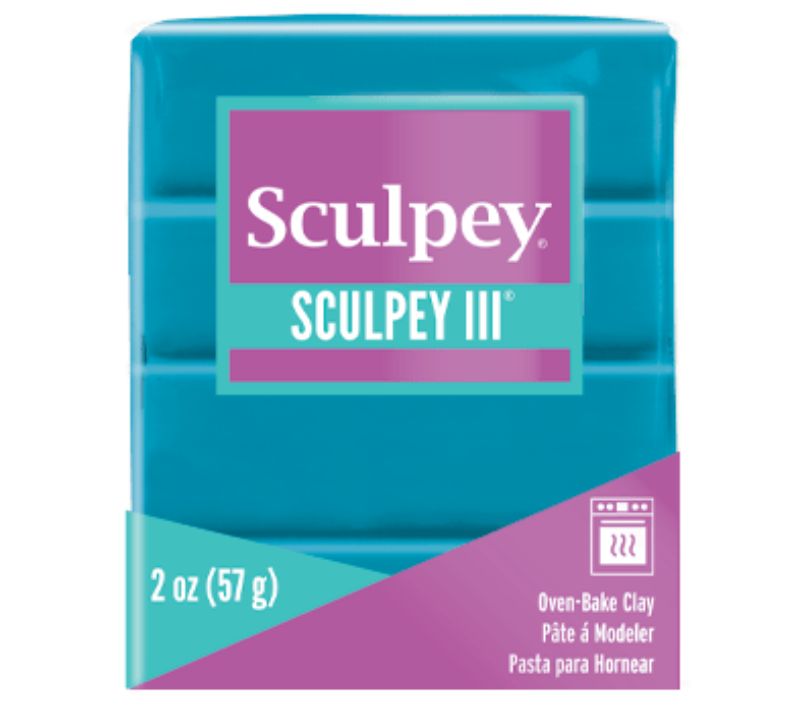 Vibrant teal Sculpey III polymer clay in 57g, ideal for sculpting and crafting, remains pliable until baked for durable designs.