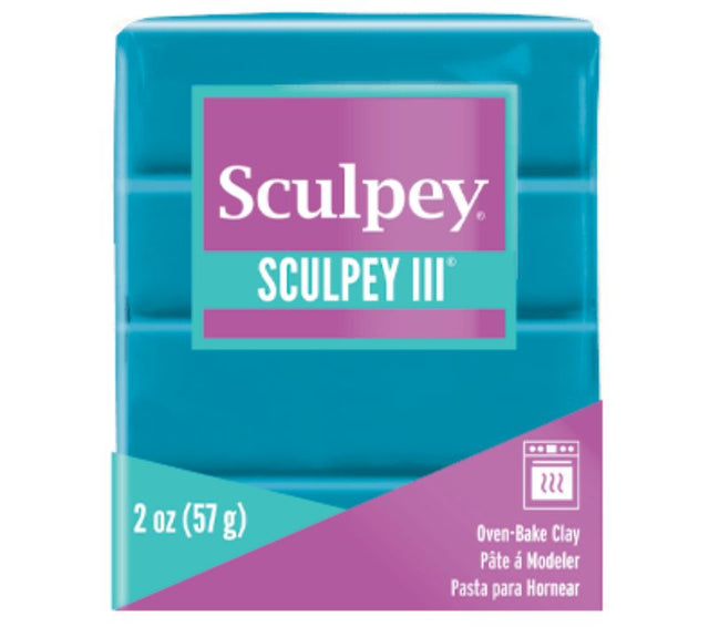 Vibrant teal Sculpey III polymer clay in 57g, ideal for sculpting and crafting, remains pliable until baked for durable designs.