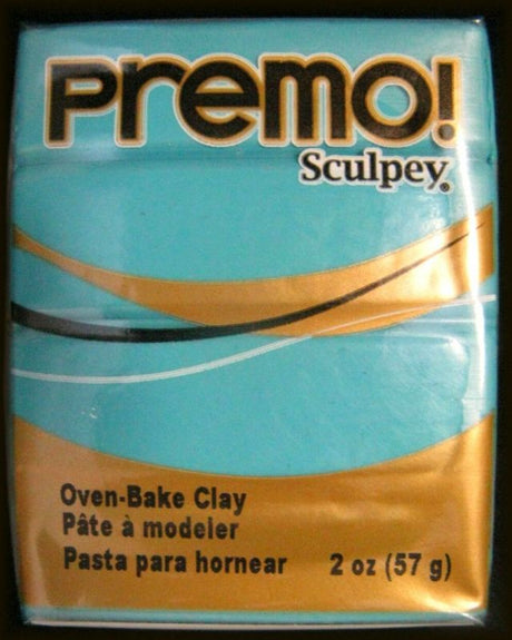 Vibrant turquoise 57g block of Sculpey Premo polymer clay, perfect for detailed artistic projects and crafts.