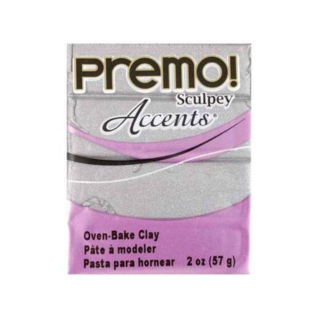 Sculpey Premo Accents 57g silver polymer clay for crafting jewelry, decor, and detailed art creations.