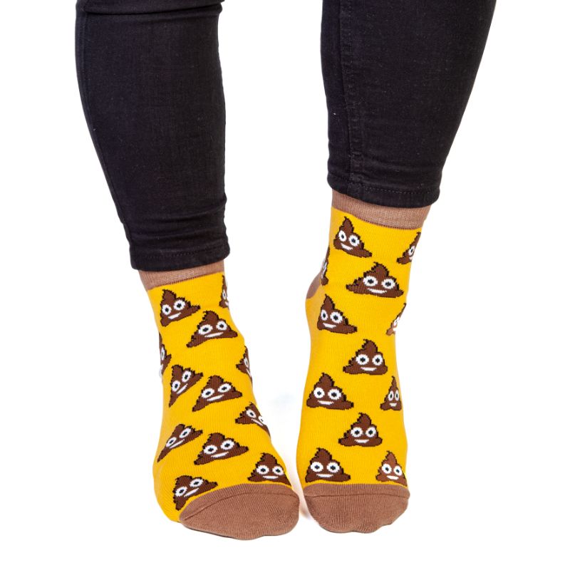 Smiling Poo Feet Speak Socks with playful design, featuring a fun Smiling Poo pattern and 'SHIT HAPPENS' message on soles.