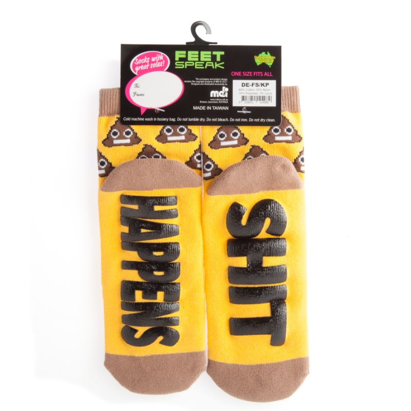 Quirky socks featuring a Smiling Poo design and 'SHIT HAPPENS' message for fun, comfy loungewear; one-size fits all.