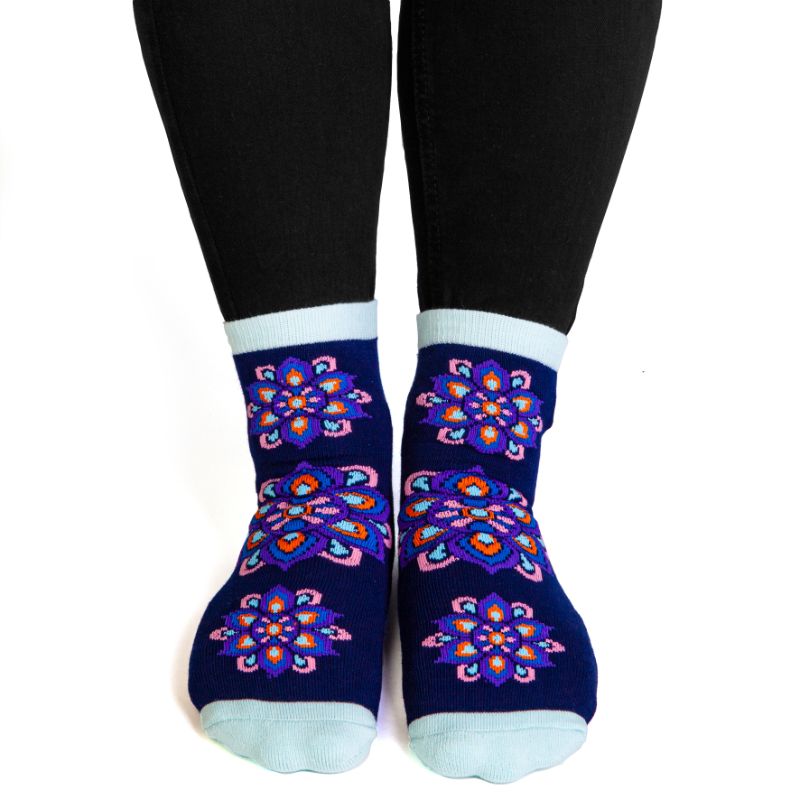 Indigo blue socks with mandala designs and anti-slip 'SPIRITUAL BALANCE' text, perfect for yoga and casual wear.