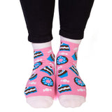 Whimsical 20cm tea-themed socks with cupcake designs and "TEA TIME" phrase, perfect for cozy lounging or gifting.