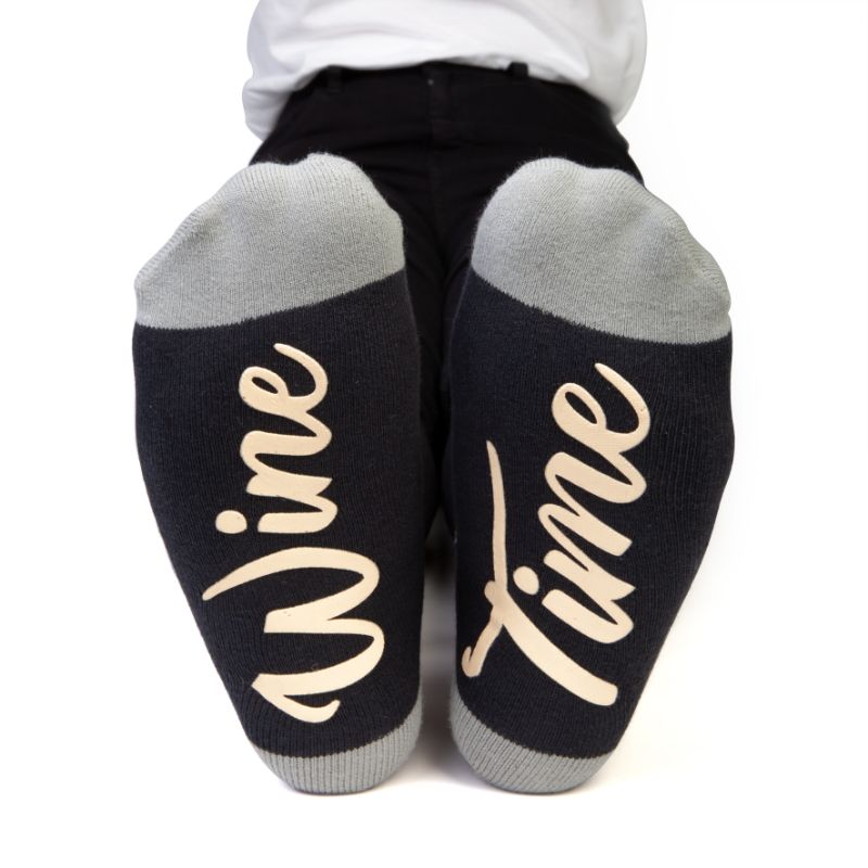 Whimsical 20cm socks featuring wine glasses and grapes, with 'WINE TIME' on the bottom; perfect for wine lovers.