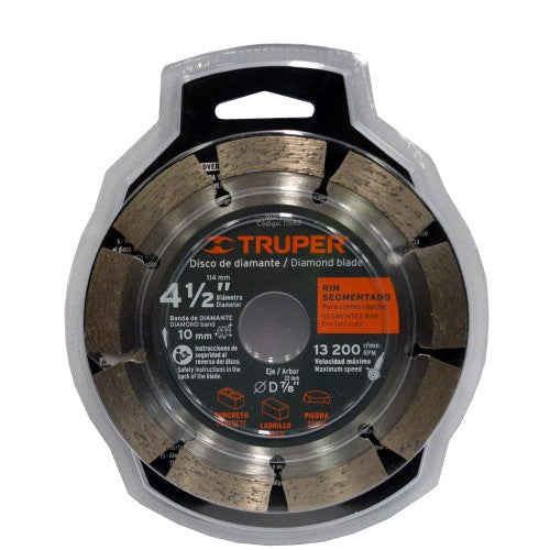 Diamond Segmented Rim Blade 1 by Truper, ideal for precision cutting of concrete and stone, 114mm size, 22mm arbor.