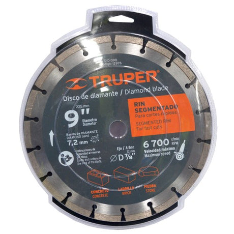 Truper Diamond Segmented Rim Blade, 225mm, designed for fast, efficient cuts in concrete, masonry, and stone.