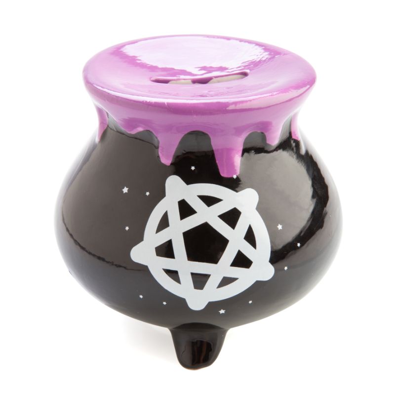 Witches' Brew Cauldron Money Bank with starry pentacle design and purple potion-like drips, perfect for Halloween savings.