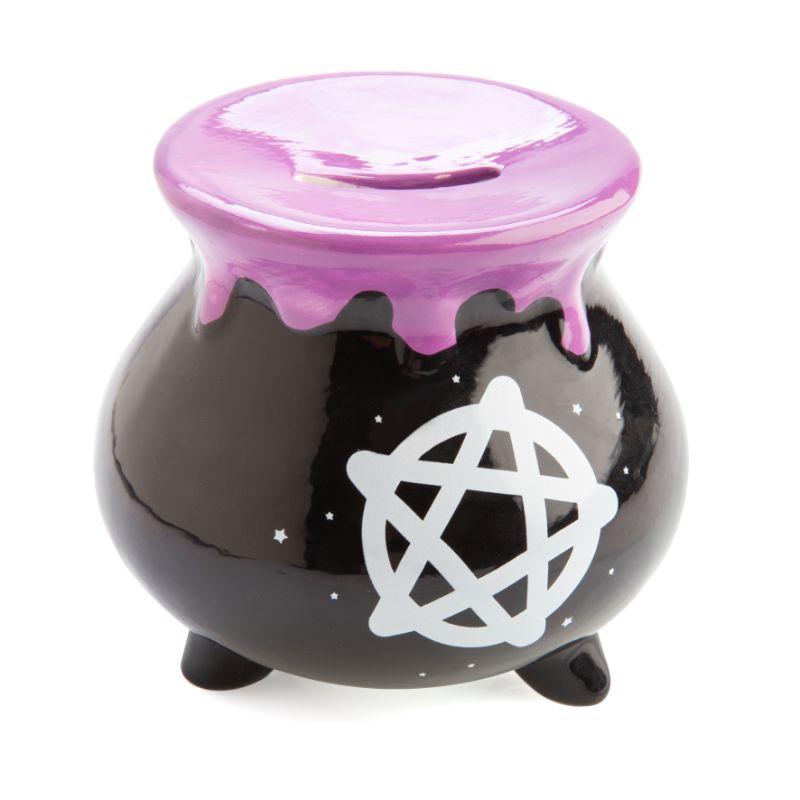 Witches' Brew Cauldron Money Bank with starry pentacle design and purple potion drips, perfect for spooky savings.