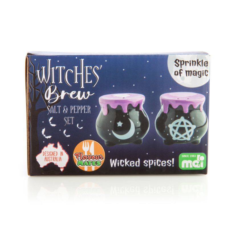 Whimsical cauldron-shaped salt and pepper shakers with pentacle and crescent moon designs, perfect for magical dining.
