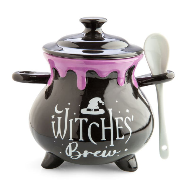 Witches' Brew cauldron-shaped soup bowl with purple drips, includes spoon; perfect for magical dining experiences.