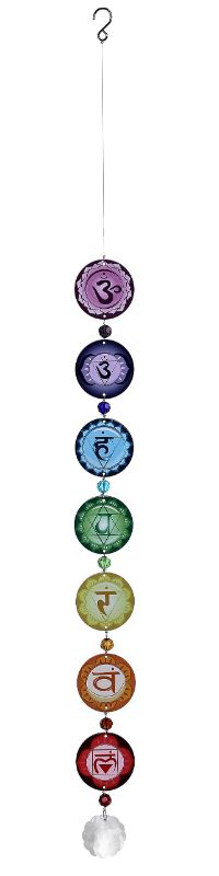 Vibrant 85cm suncatcher featuring seven chakra colors, designed to balance energy and cast prismatic reflections in your home.