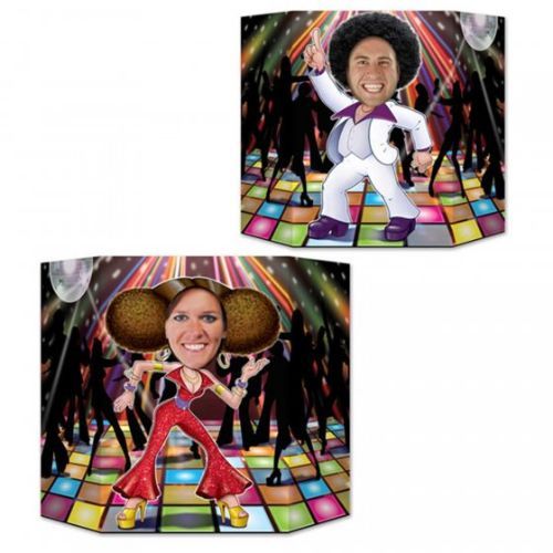 Vibrant disco couple cardboard photo prop, 94cm x 64cm, featuring a female dancer on one side and a male dancer on the other.