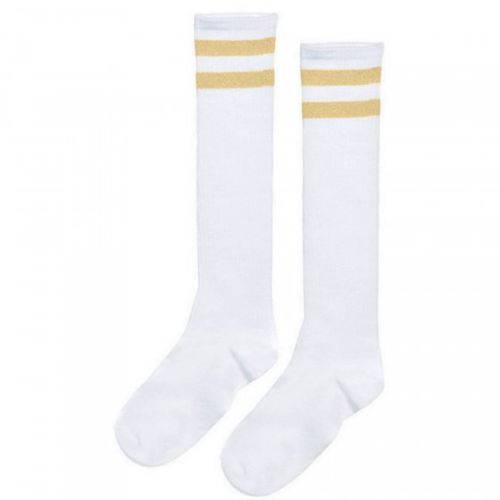 Gold striped knee socks, featuring a snug fit and breathable fabric, perfect for elevating any outfit or gift-giving.