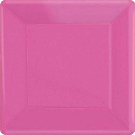 Bright pink square paper plates, 26cm, pack of 20, perfect for stylish and eco-friendly party decor.