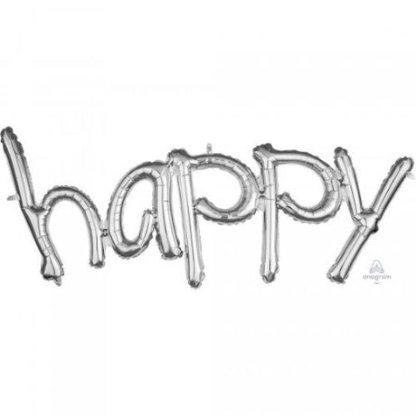 Happy Silver Script Phrase Balloon (104cm x 50cm) adds elegance to celebrations with self-sealing, air-fill design.