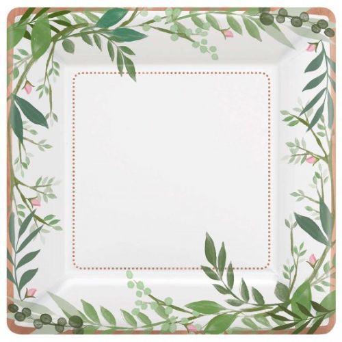 Biodegradable Love and Leaves square paper plates featuring a foliage design, perfect for eco-friendly dining events. Pack of 8.