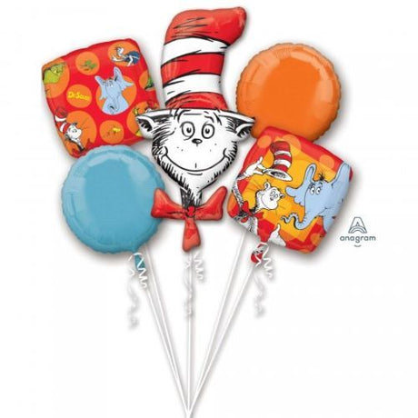 Colorful Dr. Seuss foil balloon pack of 5, featuring 1 unique shape and 4 standard balloons, perfect for festive celebrations.