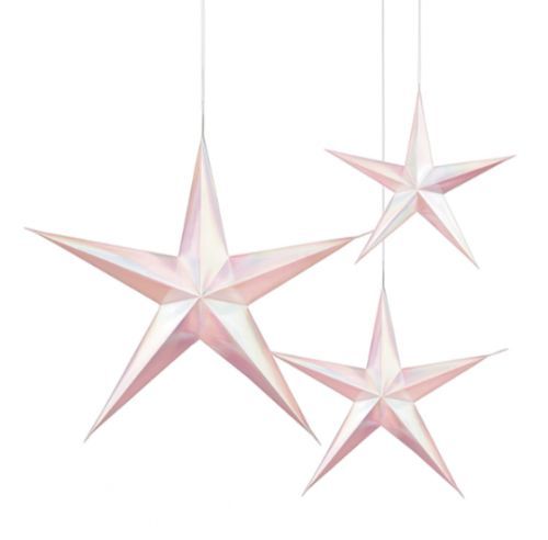 Hanging 3D star decorations in iridescent white and pink, pack of 3 in varying sizes for enchanting decor.