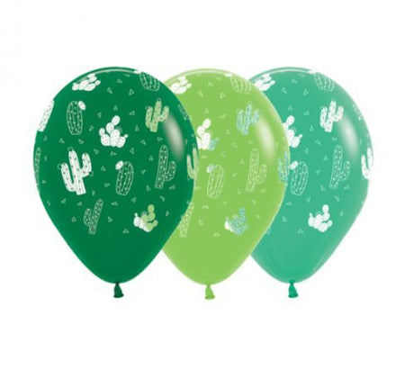 Vibrant pack of 12 30cm latex balloons featuring playful cactus designs, perfect for festive decor and balloon bouquets.