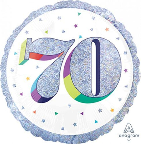 Vibrant 45cm holographic balloon celebrating a 70th birthday, perfect for adding festive flair to any party.