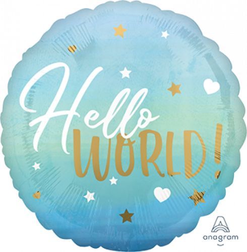 Blue 45cm foil balloon with 'Hello World' message, perfect for baby showers and gender reveal celebrations.