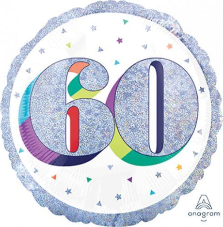 Holographic 45cm balloon celebrating 60th birthday, self-sealing, vibrant and perfect for festive decor.