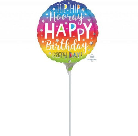 10cm foil balloon with "Hip Hip Hooray Happy Birthday" design, perfect for festive birthday celebrations.