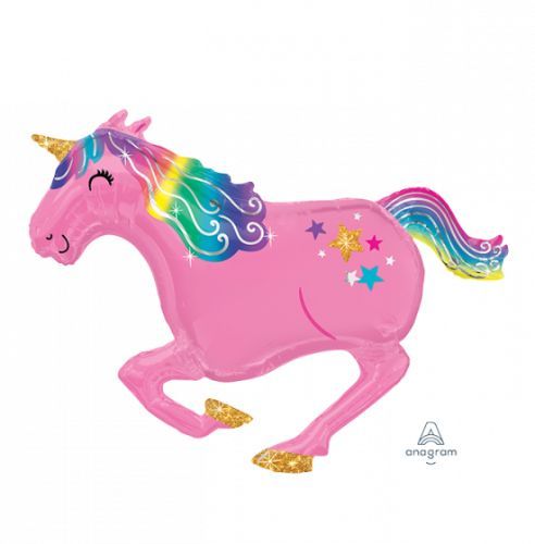 Large pink unicorn foil balloon, 99cm x 86cm, perfect for kids' parties and whimsical celebrations.