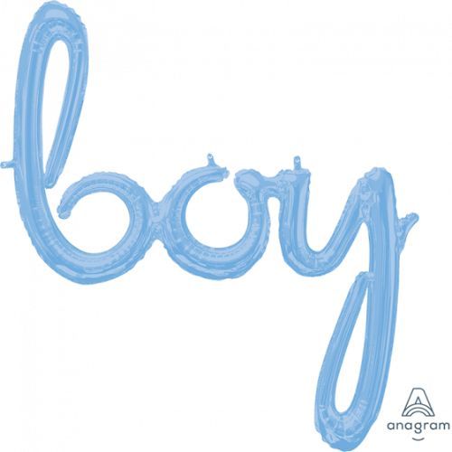 Pastel blue foil balloon shaped like a boy with a script phrase, perfect for kids' parties and celebrations.