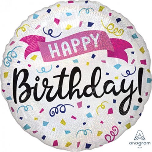 Holographic 45cm birthday banner balloon with vibrant colors and elegant message, perfect for festive celebrations.