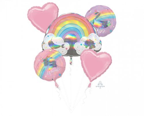 Colorful foil balloon bouquet featuring a unicorn design, perfect for whimsical parties and celebrations. Pack of 5.