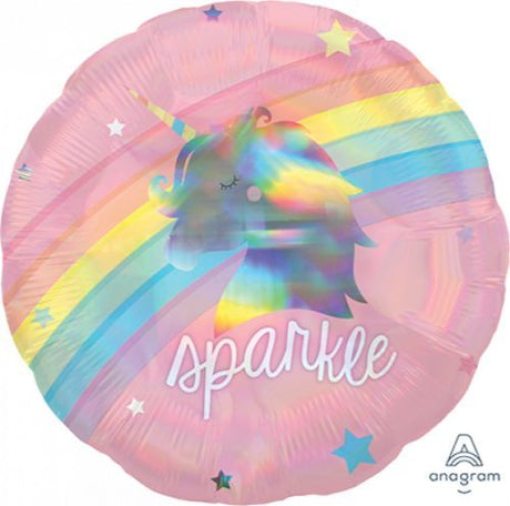 Holographic unicorn balloon with rainbow sparkle, perfect for magical celebrations and parties, 45cm size.