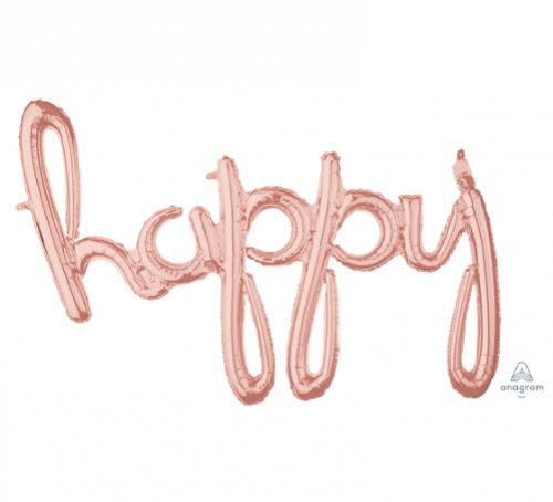 Rose gold 'Happy' script balloon, 99cm x 68cm, perfect for celebrations and party decor. Self-sealing, air fill only.