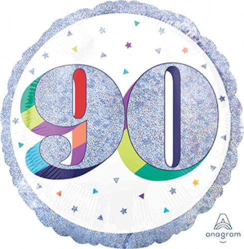 45cm holographic foil balloon with 'Here's to Your Birthday 90' design, perfect for 90th birthday celebrations.