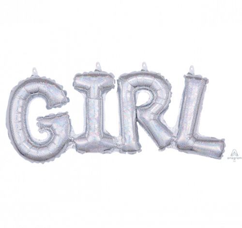 Silver holographic balloon shaped "GIRL," 55cm x 25cm, ideal for celebrations and parties, self-sealing and air-filled.