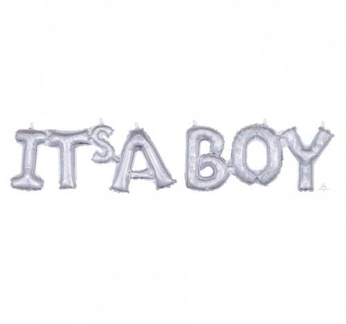 Silver holographic balloon with 'IT'S A BOY' script, perfect for celebrating a baby boy's arrival at parties.