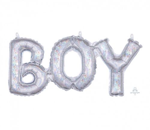 Silver holographic "BOY" foil balloon, 50cm x 22cm, ideal for birthdays and baby showers, features self-sealing air fill design.