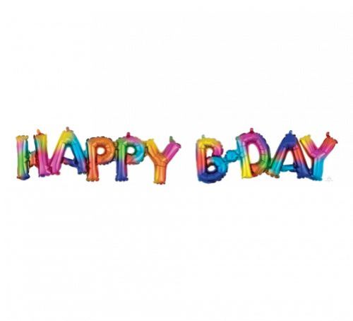 Colorful foil balloon "HAPPY BDAY" with rainbow splash design, perfect for vibrant birthday celebrations.