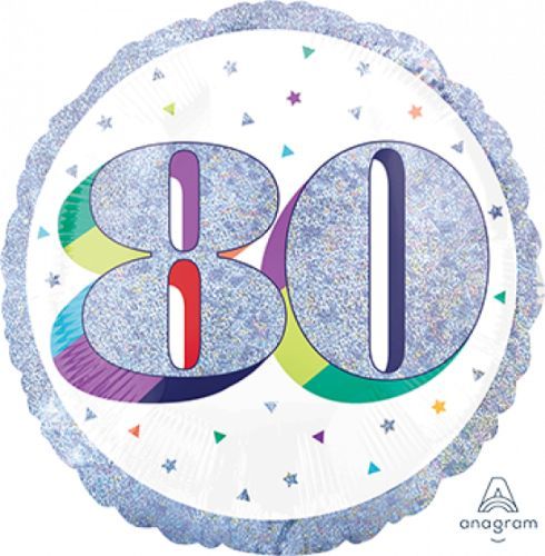 Holographic 45cm foil balloon with "Here's to Your Birthday 80" design, perfect for 80th birthday celebrations.